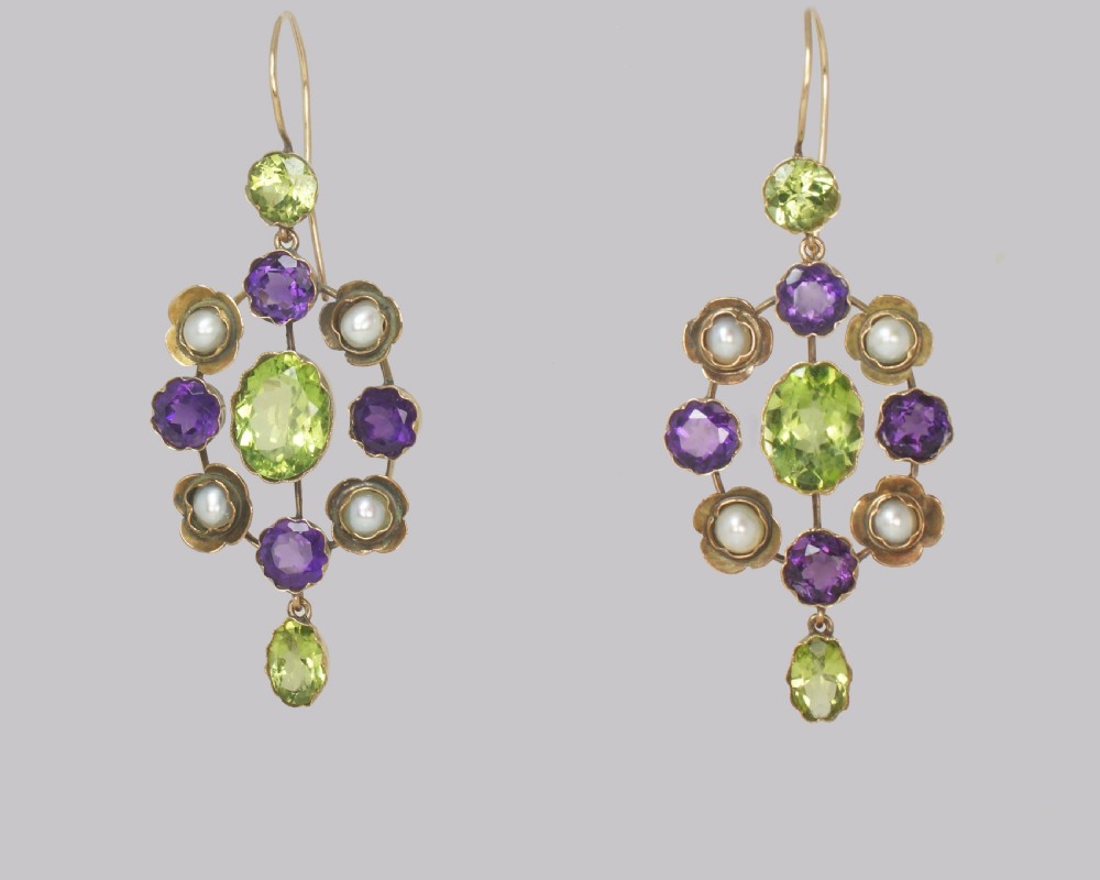 Suffragette Earrings Amethyst Peridot & Pearl 15ct Gold Edwardian Dangle Earrings View VI