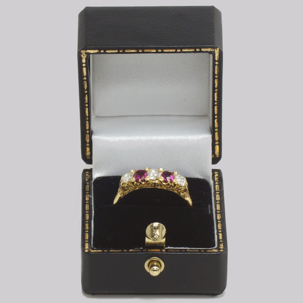 Victorian Old Mine Cut Diamond & Ruby Ring 18ct Gold Five Stone Antique Ring View X