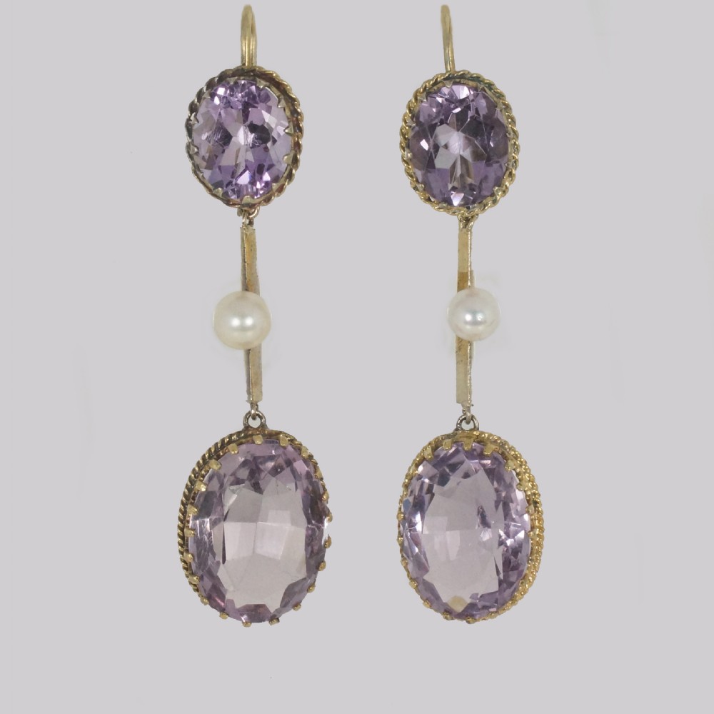 Victorian Amethyst & Pearl Dangle Earrings 18ct Gold Antique 2
