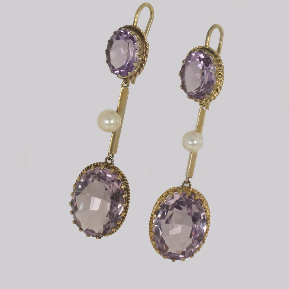 Victorian Amethyst & Pearl Dangle Earrings 18ct Gold Antique 2