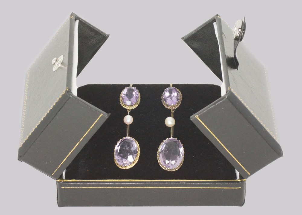 Victorian Amethyst & Pearl Dangle Earrings 18ct Gold Antique 2