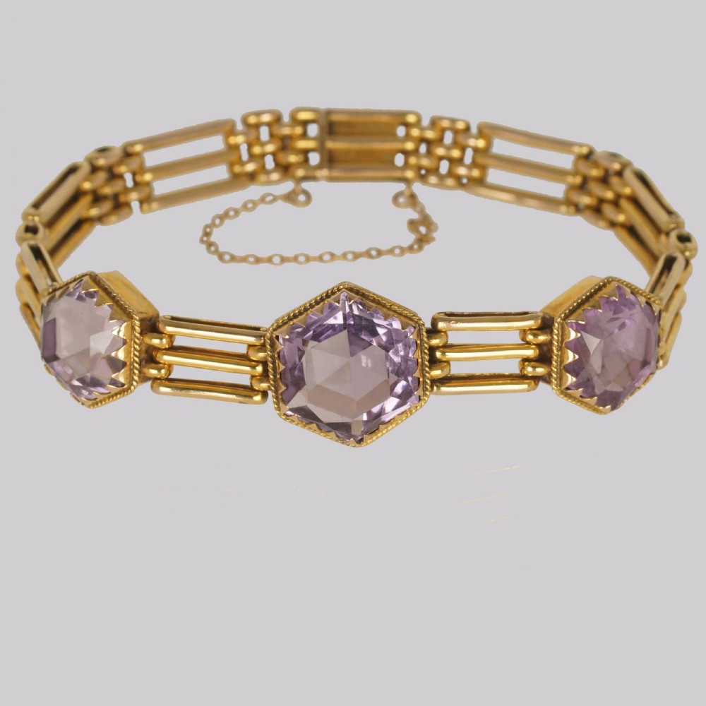 Victorian Amethyst Gate Link Bracelet 9ct Gold Antique Three Bar Bracelet Circa 1900