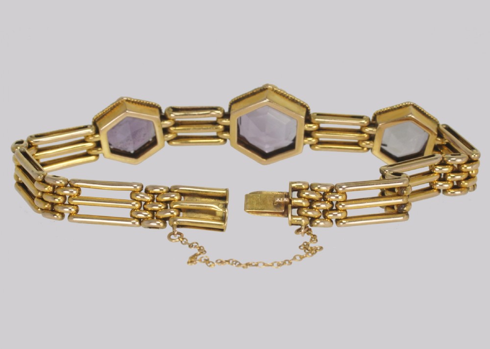 Victorian Amethyst Gate Link Bracelet 9ct Gold Antique Three Bar Bracelet Circa 1900 View V