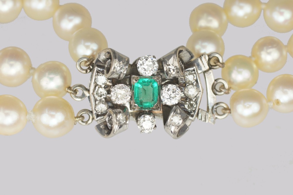 Vintage Pearl Necklace with 1.00ct Diamond Emerald Clasp 3 Strand 1940's Pearl Choker View III