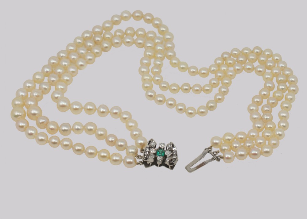 Vintage Pearl Necklace with 1.00ct Diamond Emerald Clasp 3 Strand 1940's Pearl Choker View V