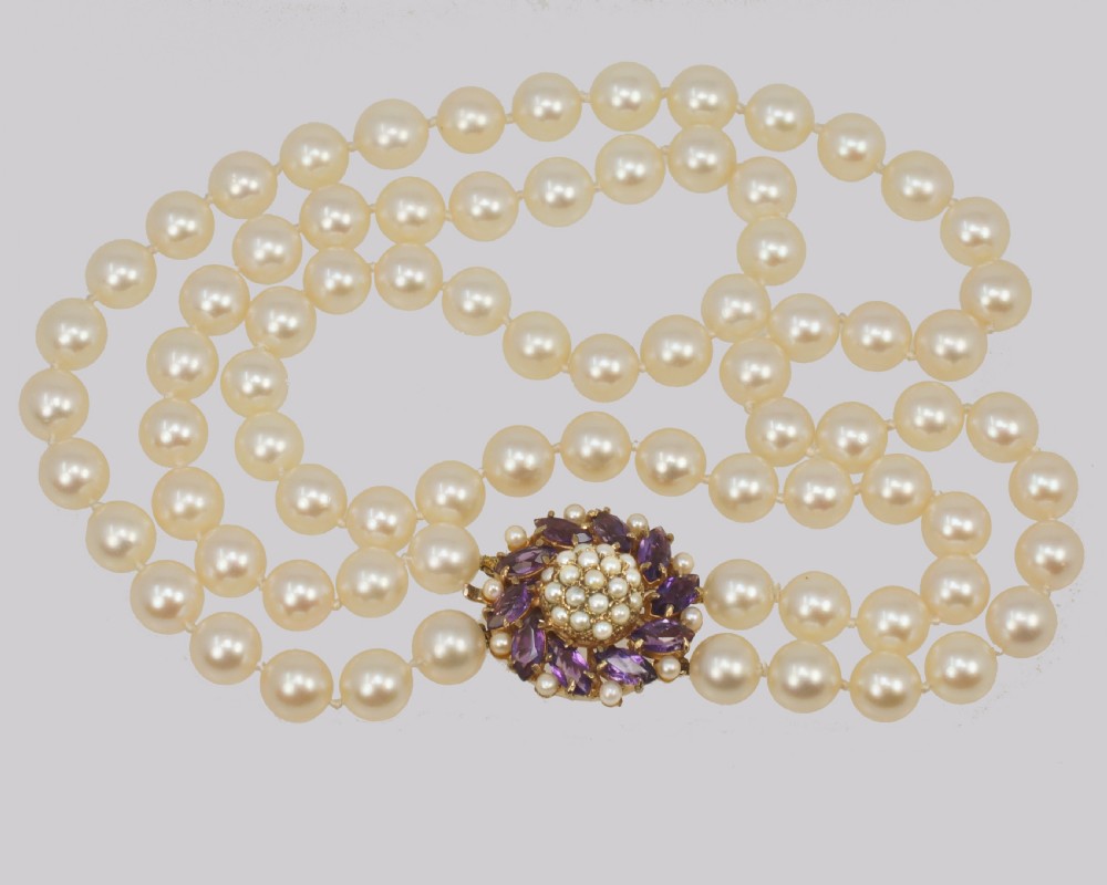 Vintage Pearl Necklace with Amethyst Clasp Two Strand 1960's Pearl Choker View II