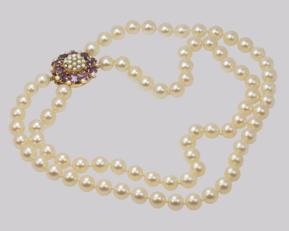 Vintage Pearl Necklace with Amethyst Clasp Two Strand 1960's Pearl Choker View III
