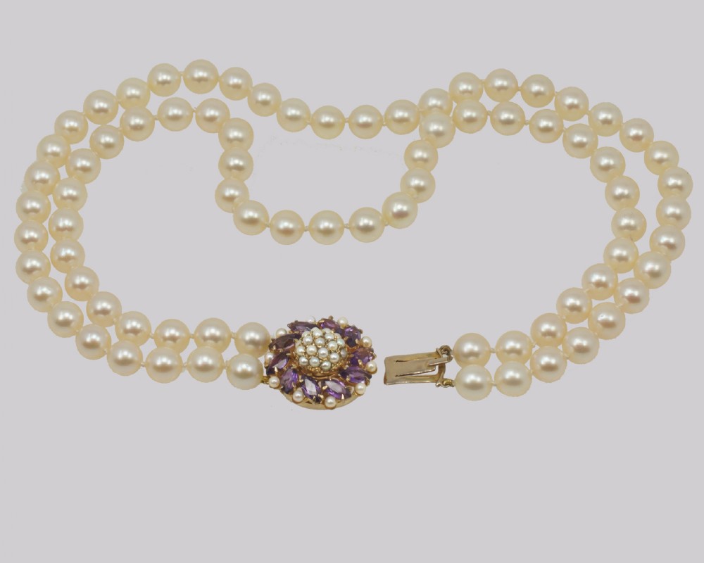 Vintage Pearl Necklace with Amethyst Clasp Two Strand 1960's Pearl Choker View IV