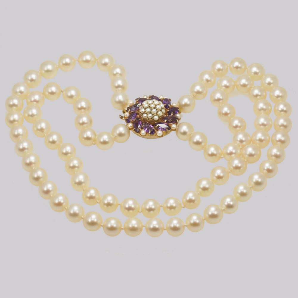 Vintage Pearl Necklace with Amethyst Clasp Two Strand 1960's Pearl Choker View V