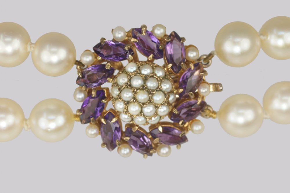 Vintage Pearl Necklace with Amethyst Clasp Two Strand 1960's Pearl Choker View VI