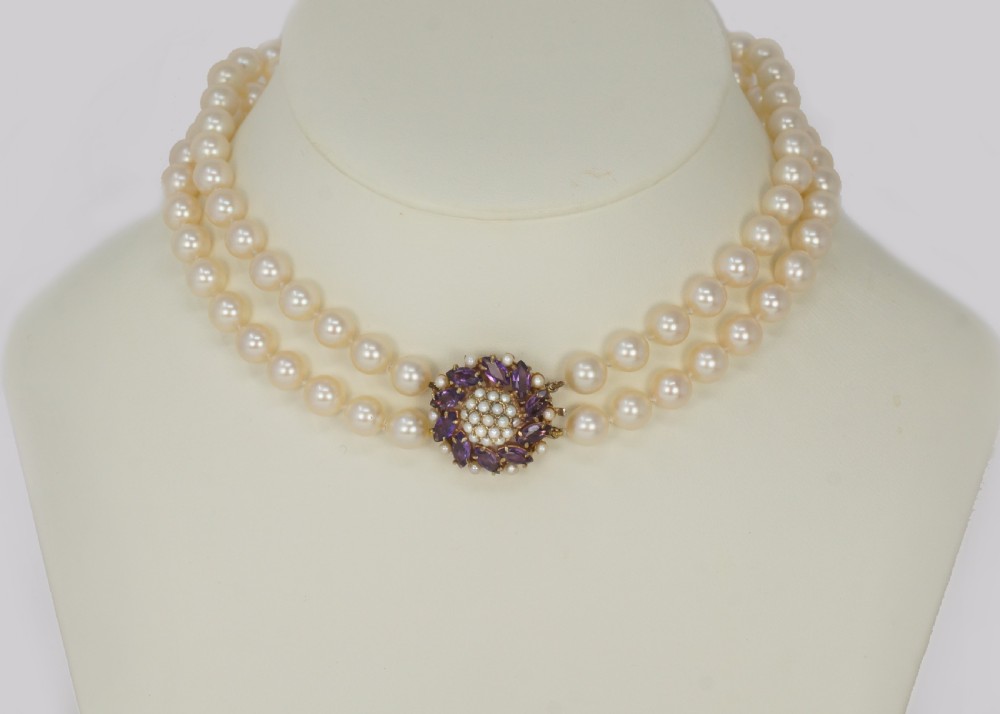 Vintage Pearl Necklace with Amethyst Clasp Two Strand 1960's Pearl Choker View IX