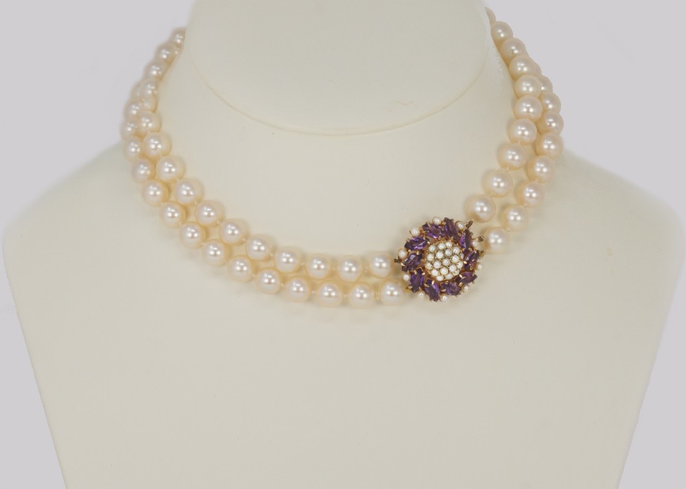 Vintage Pearl Necklace with Amethyst Clasp Two Strand 1960's Pearl Choker View X