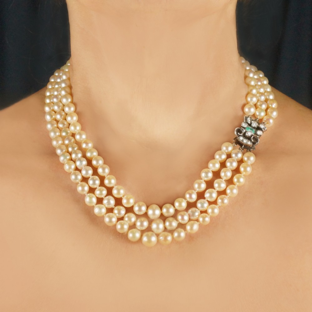 Vintage Pearl Necklace with 1.00ct Diamond Emerald Clasp 3 Strand 1940's Pearl Choker