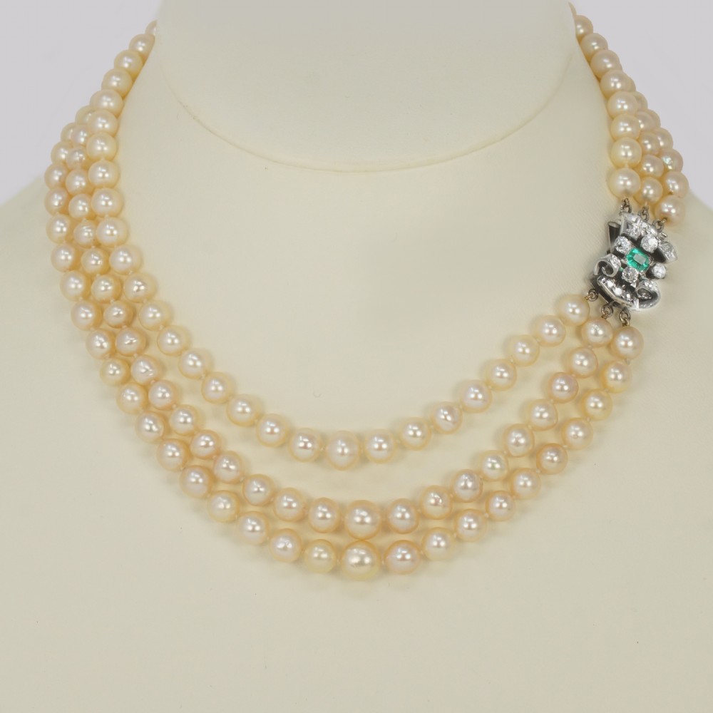 Vintage Pearl Necklace with 1.00ct Diamond Emerald Clasp 3 Strand 1940's Pearl Choker View II