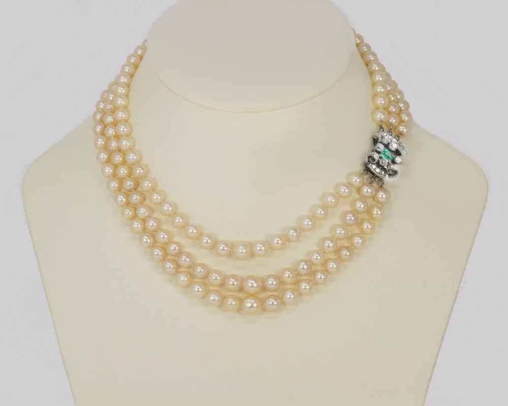 Vintage Pearl Necklace with 1.00ct Diamond Emerald Clasp 3 Strand 1940's Pearl Choker View X