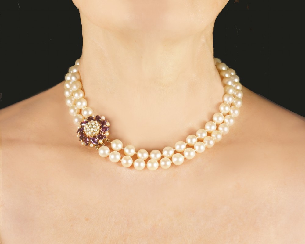 Vintage Pearl Necklace with Amethyst Clasp Two Strand 1960's Pearl Choker View XII