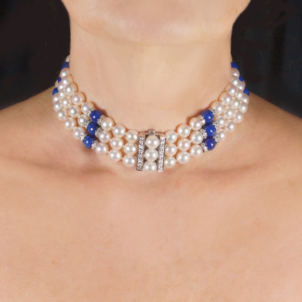Vintage John Van Der Vet Pearl Necklace Lapis Lazuli & Diamond 3 Strand Steltman Juwelier Pearl Choker
