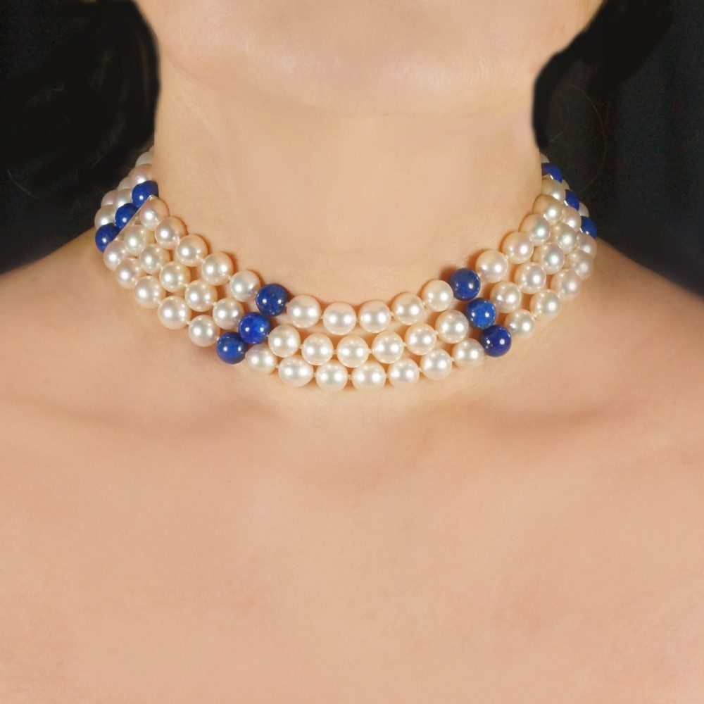 Vintage John Van Der Vet Pearl Necklace Lapis Lazuli & Diamond 3 Strand Steltman Juwelier Pearl Choker View II