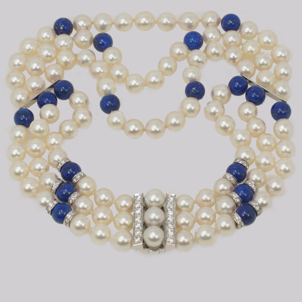 Vintage John Van Der Vet Pearl Necklace Lapis Lazuli & Diamond 3 Strand Steltman Juwelier Pearl Choker View III