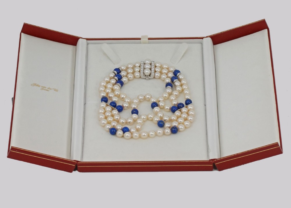Vintage John Van Der Vet Pearl Necklace Lapis Lazuli & Diamond 3 Strand Steltman Juwelier Pearl Choker View IV
