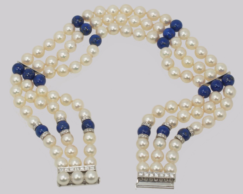 Vintage John Van Der Vet Pearl Necklace Lapis Lazuli & Diamond 3 Strand Steltman Juwelier Pearl Choker View VI