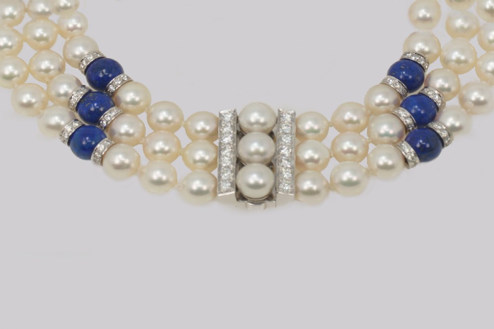 Vintage John Van Der Vet Pearl Necklace Lapis Lazuli & Diamond 3 Strand Steltman Juwelier Pearl Choker View VII