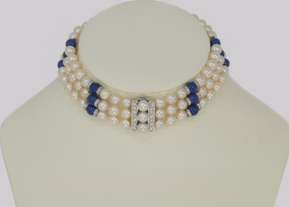 Vintage John Van Der Vet Pearl Necklace Lapis Lazuli & Diamond 3 Strand Steltman Juwelier Pearl Choker View VIII