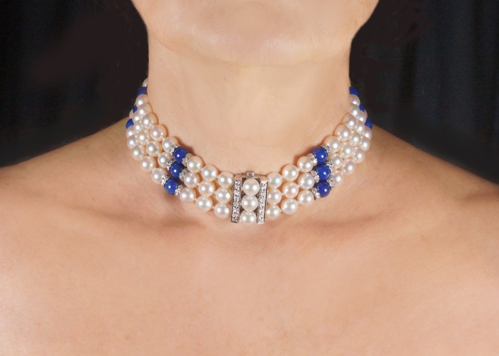 Vintage John Van Der Vet Pearl Necklace Lapis Lazuli & Diamond 3 Strand Steltman Juwelier Pearl Choker View IX