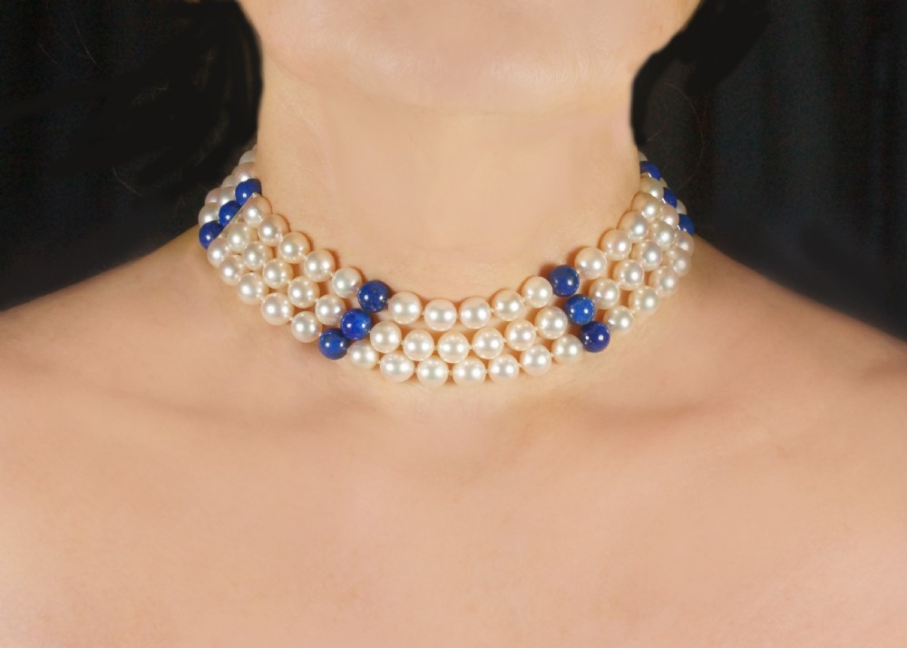 Vintage John Van Der Vet Pearl Necklace Lapis Lazuli & Diamond 3 Strand Steltman Juwelier Pearl Choker View X