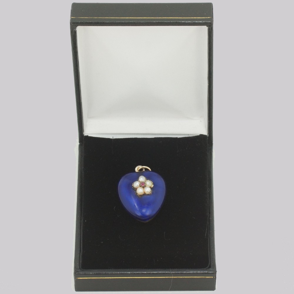 Victorian Ruby & Pearl Heart Pendant 18ct Gold Blue Enamel Puff Heart circa 1890 View VIII