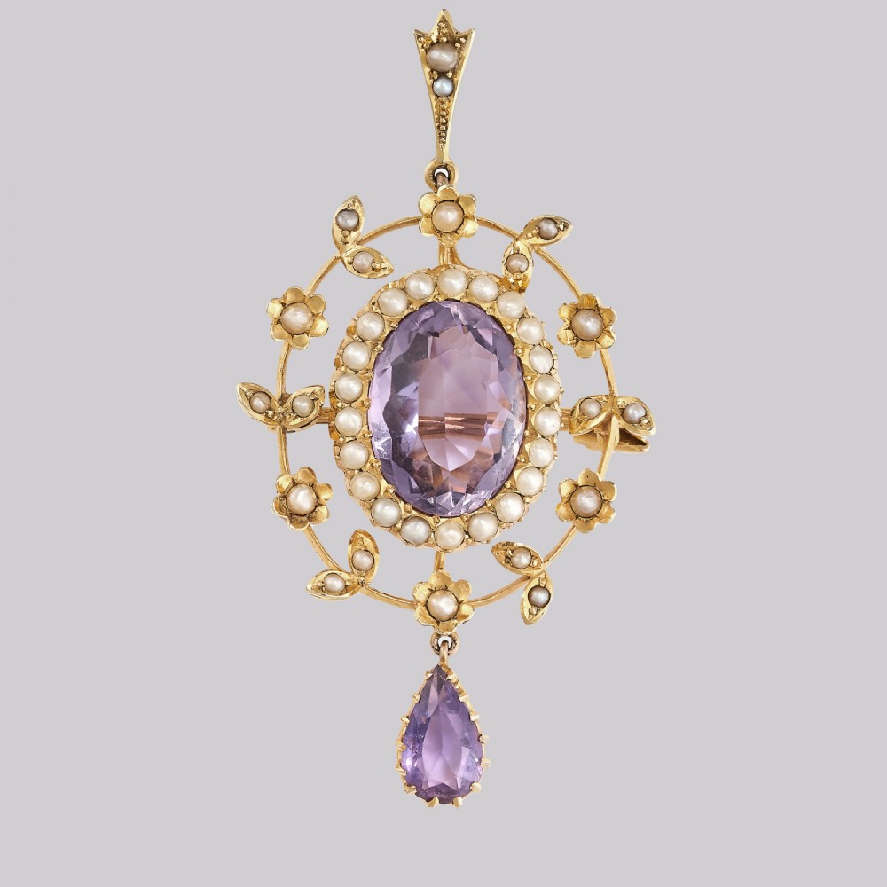 Antique 15ct Gold Amethyst & Pearl Pendant Edwardian Foliate Wreath Brooch 1905