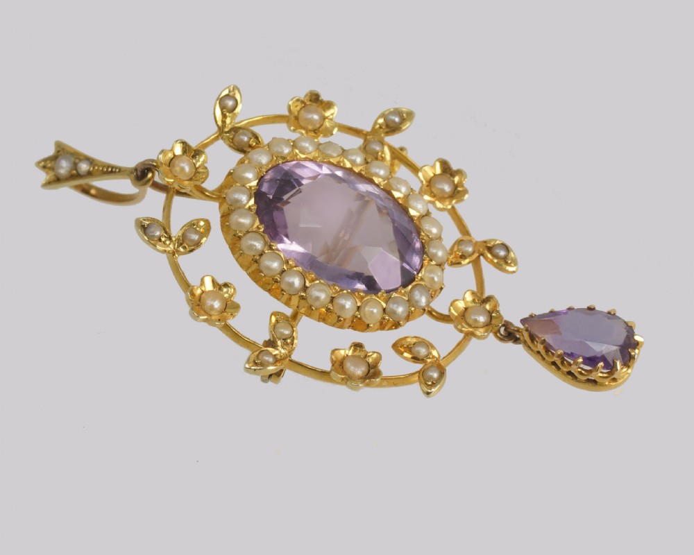 Antique 15ct Gold Amethyst & Pearl Pendant Edwardian Foliate Wreath Brooch 1905 View III