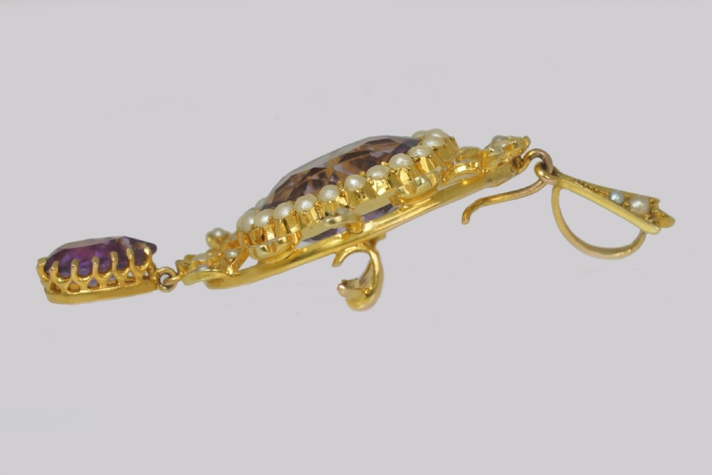Antique 15ct Gold Amethyst & Pearl Pendant Edwardian Foliate Wreath Brooch 1905 View V