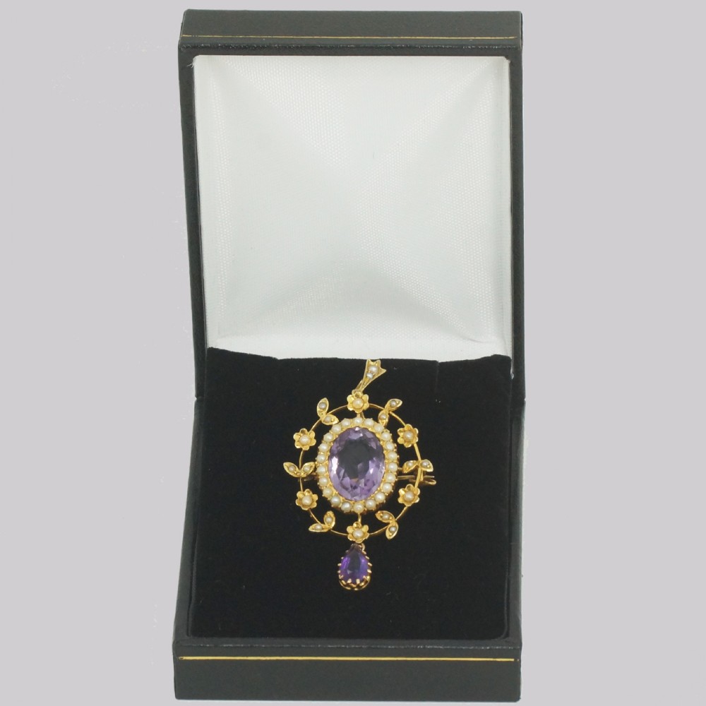 Antique 15ct Gold Amethyst & Pearl Pendant Edwardian Foliate Wreath Brooch 1905 View VII
