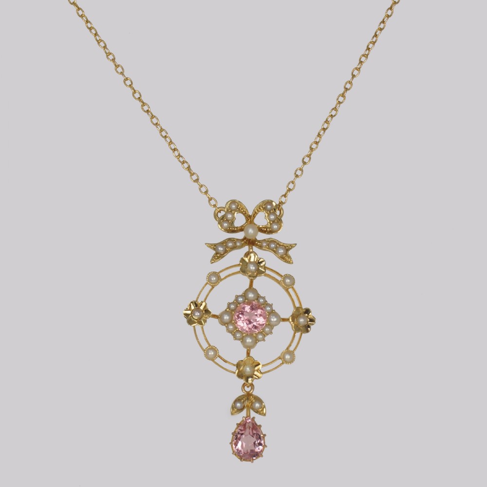 Antique Pink Sapphire & Pearl Necklace 15ct Gold Edwardian Floral Wreath Pendant View III