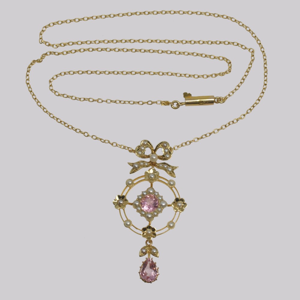 Antique Pink Sapphire & Pearl Necklace 15ct Gold Edwardian Floral Wreath Pendant View VII