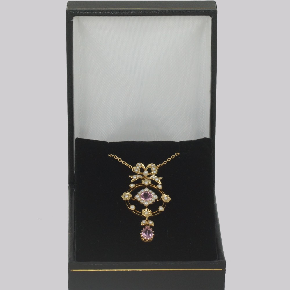 Antique Pink Sapphire & Pearl Necklace 15ct Gold Edwardian Floral Wreath Pendant View VIII