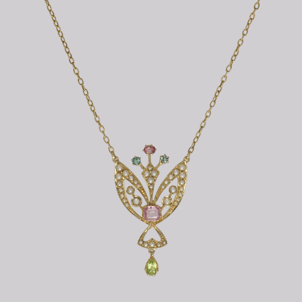 Edwardian Peridot Pink Sapphire & Pearl Pendant 15ct Gold Art Nouveau Necklace View III