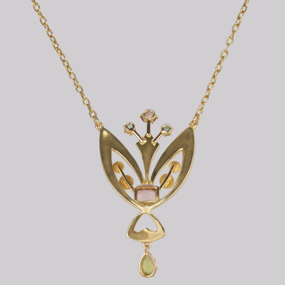 Edwardian Peridot Pink Sapphire & Pearl Pendant 15ct Gold Art Nouveau Necklace View IV