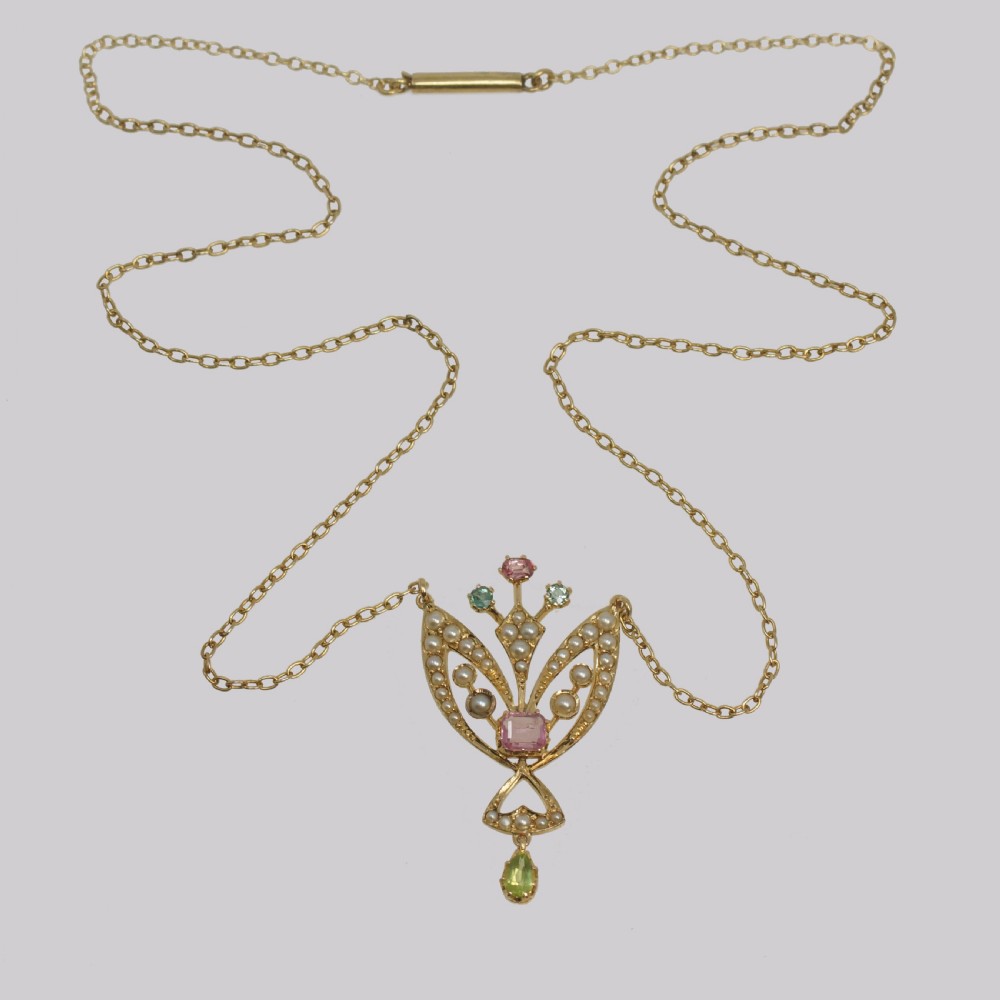 Edwardian Peridot Pink Sapphire & Pearl Pendant 15ct Gold Art Nouveau Necklace View V