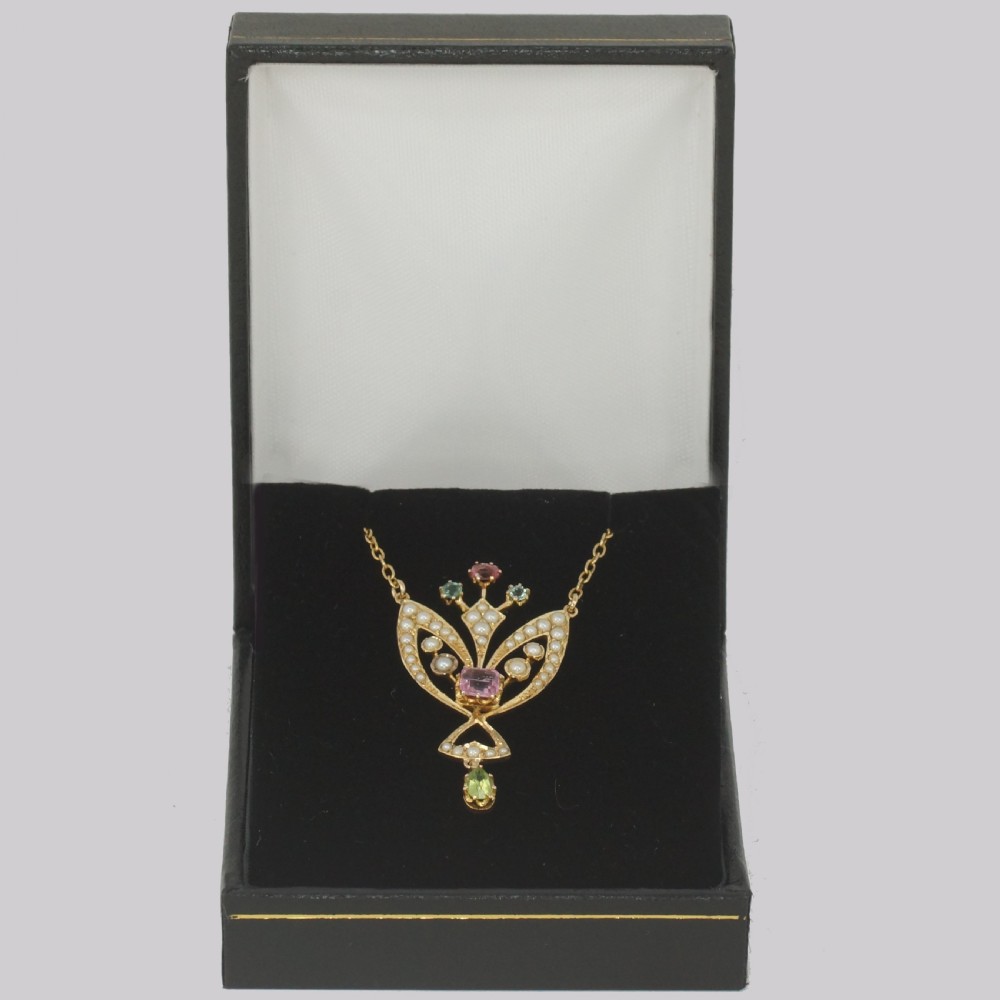 Edwardian Peridot Pink Sapphire & Pearl Pendant 15ct Gold Art Nouveau Necklace View VI