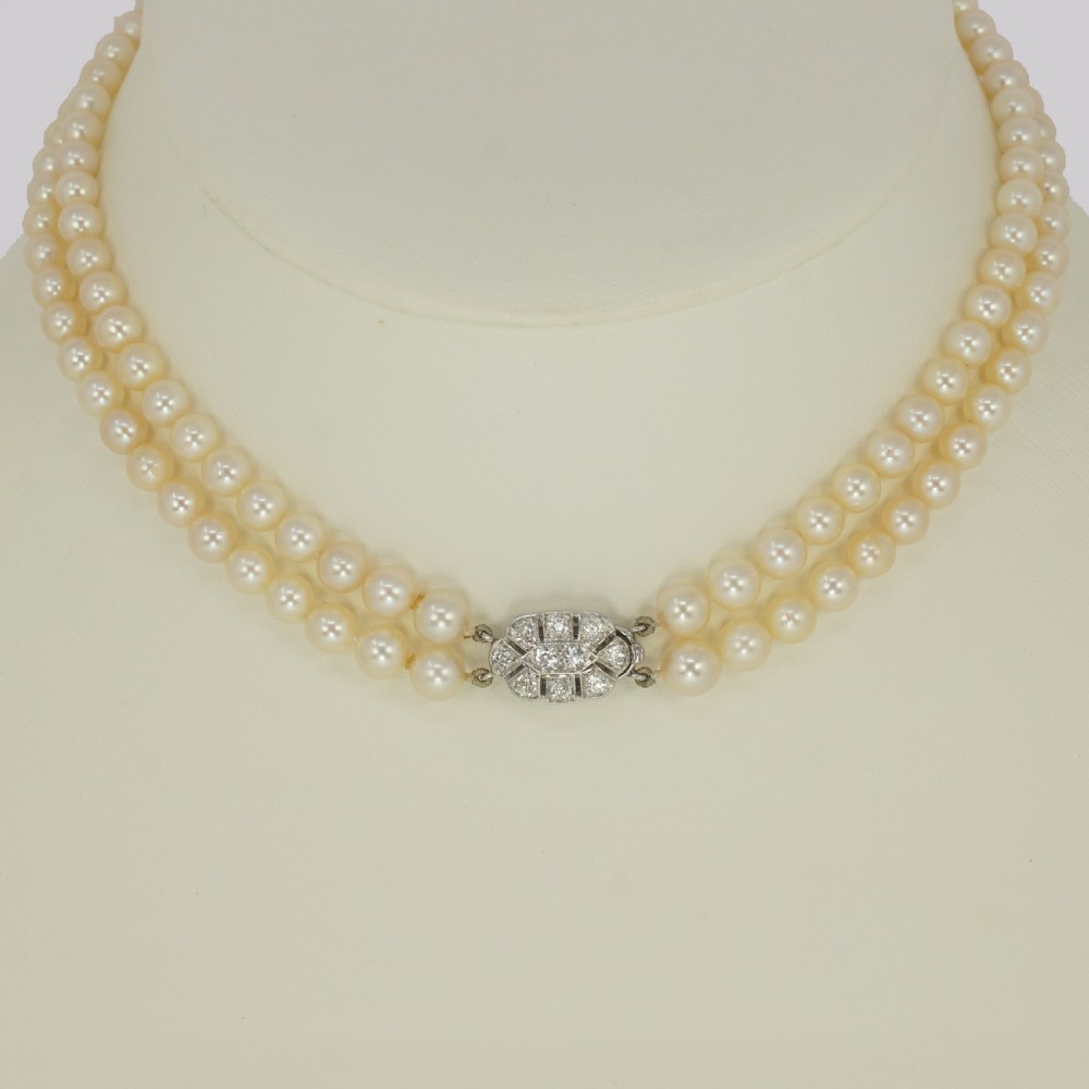 Edwardian Pearl Necklace 1.00ct Diamond Clasp Antique Double Row Pearl Choker