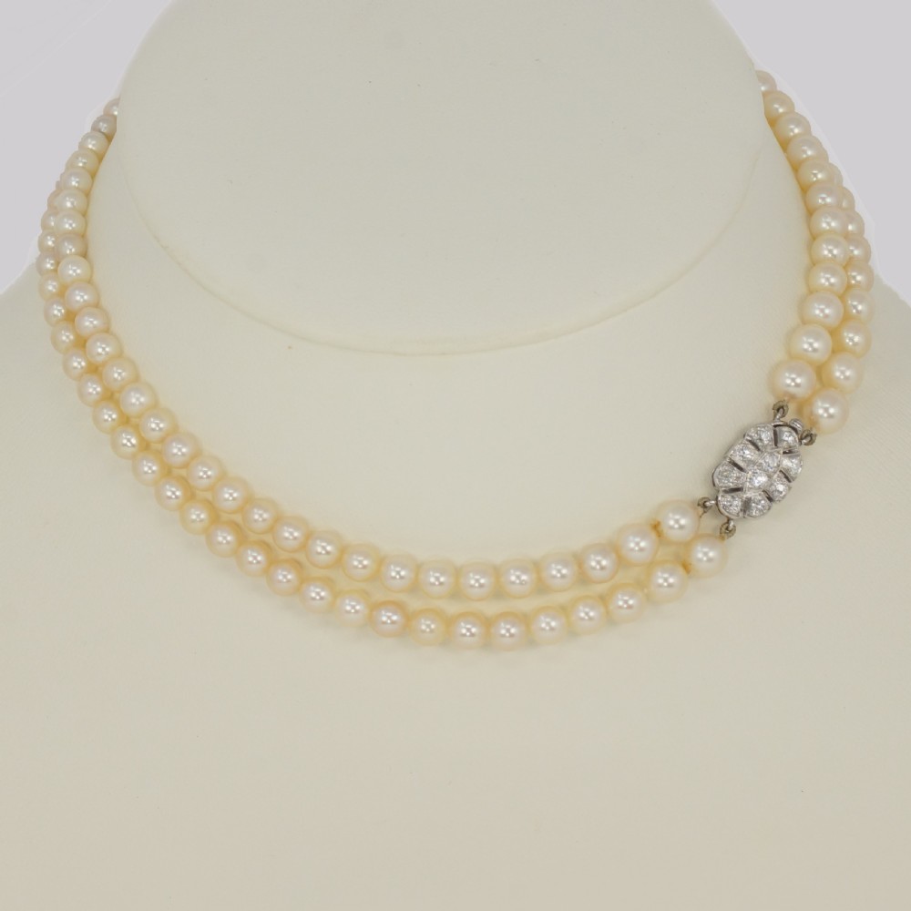 Edwardian Pearl Necklace 1.00ct Diamond Clasp Antique Double Row Pearl Choker View II
