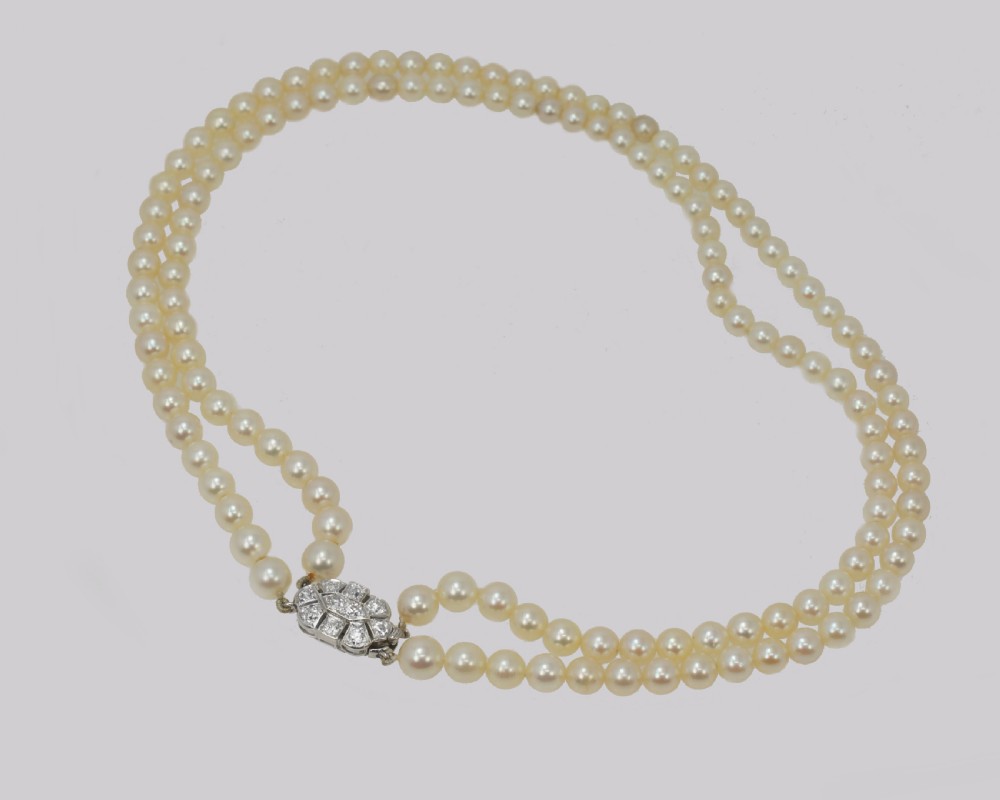 Edwardian Pearl Necklace 1.00ct Diamond Clasp Antique Double Row Pearl Choker View IV