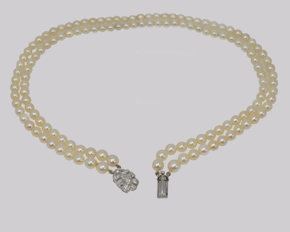 Edwardian Pearl Necklace 1.00ct Diamond Clasp Antique Double Row Pearl Choker View V