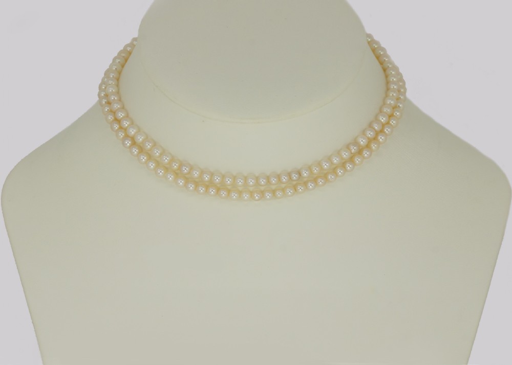 Edwardian Pearl Necklace 1.00ct Diamond Clasp Antique Double Row Pearl Choker View IX