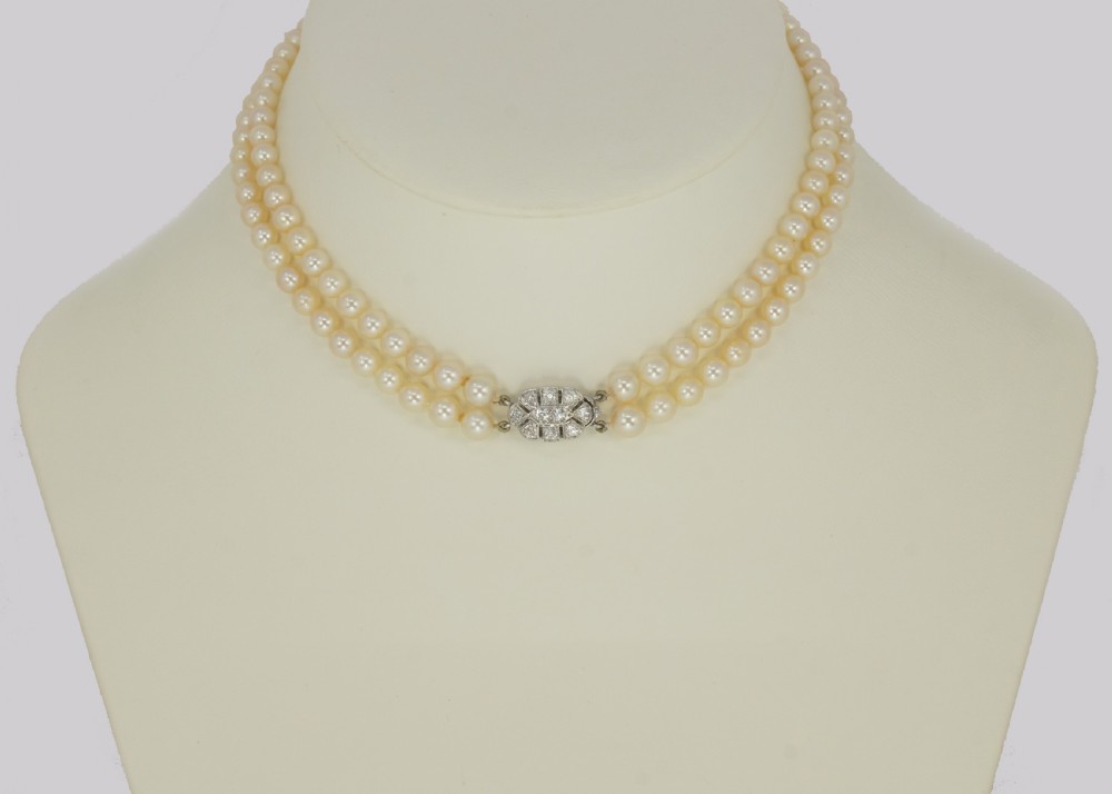Edwardian Pearl Necklace 1.00ct Diamond Clasp Antique Double Row Pearl Choker View X