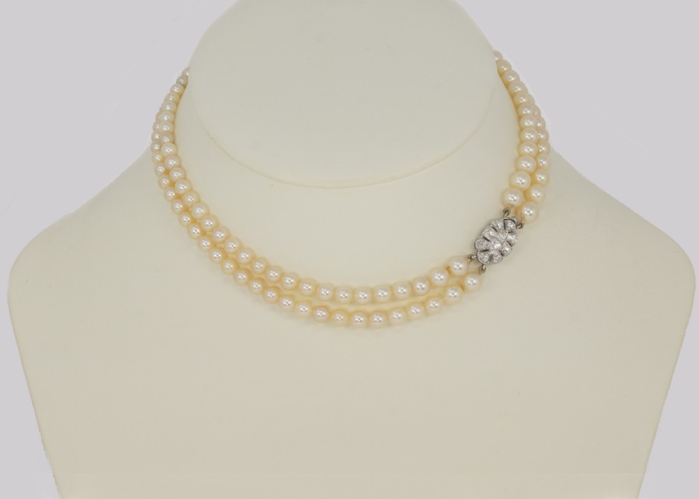 Edwardian Pearl Necklace 1.00ct Diamond Clasp Antique Double Row Pearl Choker View XI
