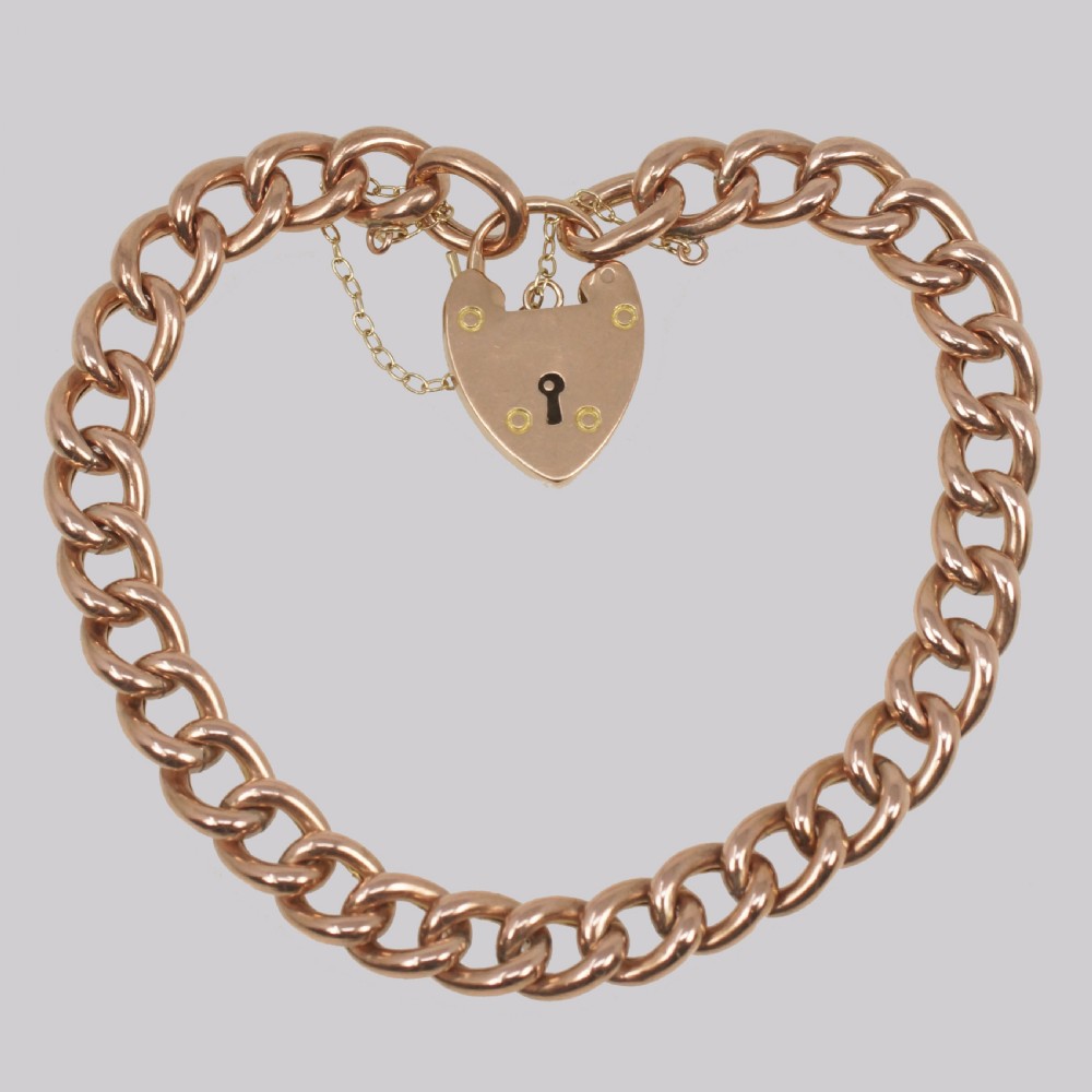 Antique Curb Link Bracelet Heart Padlock Edwardian 9ct Rose Gold Hallmarked 1903