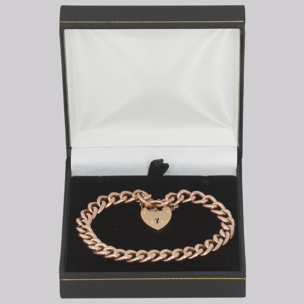 Antique Curb Link Bracelet Heart Padlock Edwardian 9ct Rose Gold Hallmarked 1903 View V